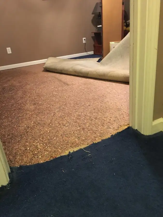Carpet pad removal revealing water damage during Water Mitigation Services in Florence-Graham